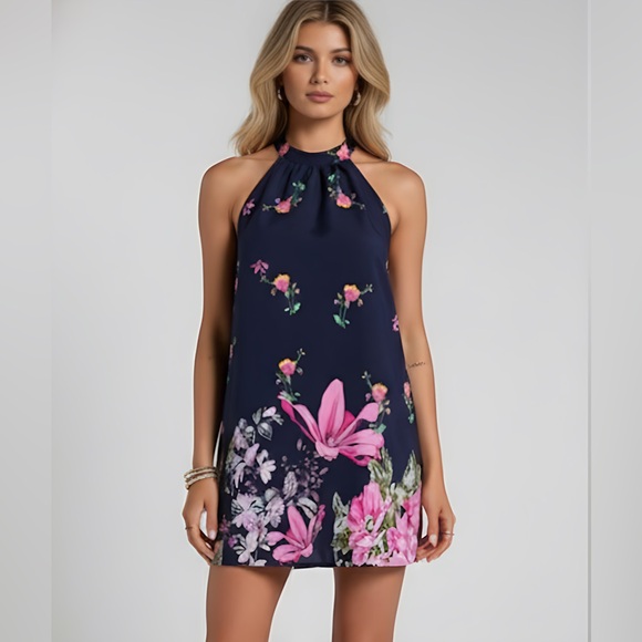 By Design Dresses & Skirts - Blue Floral Print Backless Halter Neck Dress